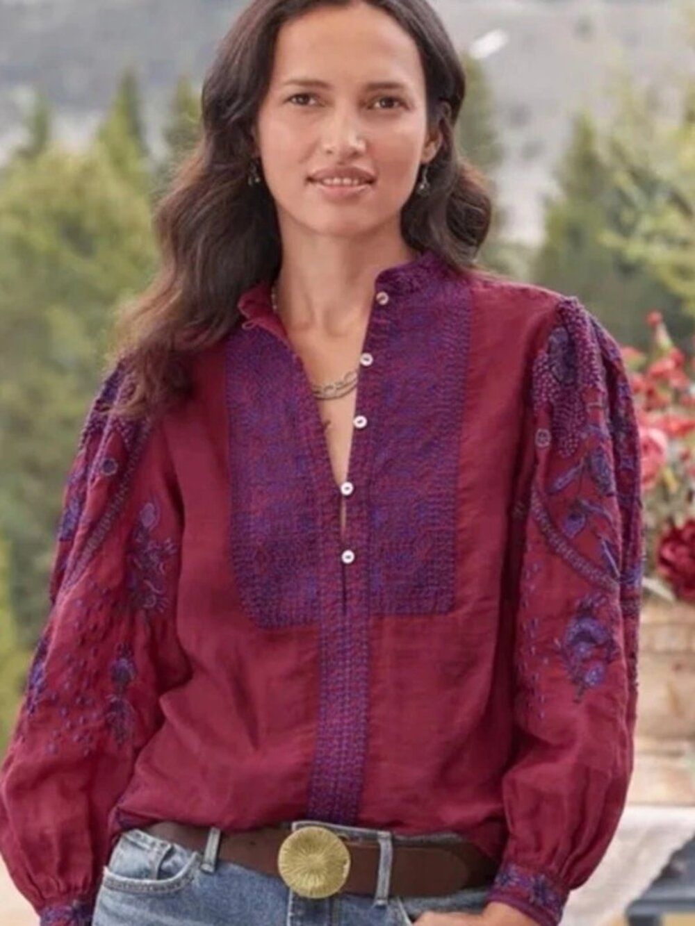 Sundance Catalog Embroidered Boho Christiane Blouse Sz S Cabernet